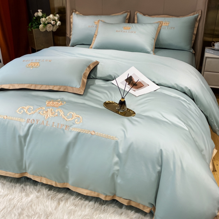 91家纺网 家纺一手货源 找家纺 安妮家居 2021新款皇冠120s长绒棉四件套 迷雾蓝