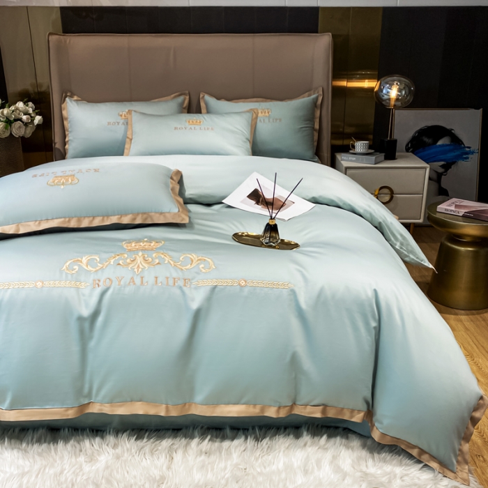 91家纺网 家纺一手货源 找家纺 安妮家居 2021新款皇冠120s长绒棉四件套 迷雾蓝