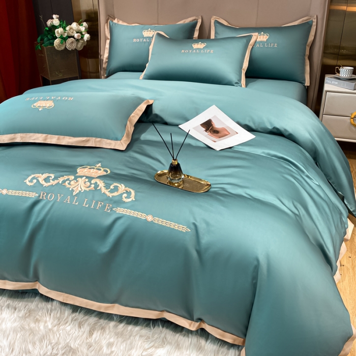 91家纺网 家纺一手货源 找家纺 安妮家居 2021新款皇冠120s长绒棉四件套 浅石蓝