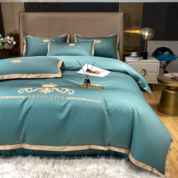 91家纺网 家纺一手货源 找家纺 安妮家居 2021新款皇冠120s长绒棉四件套 浅石蓝