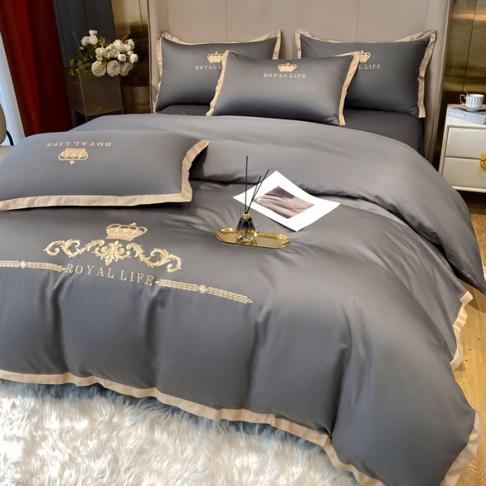 91家纺网 家纺一手货源 找家纺 安妮家居 2021新款皇冠120s长绒棉四件套 绅士灰