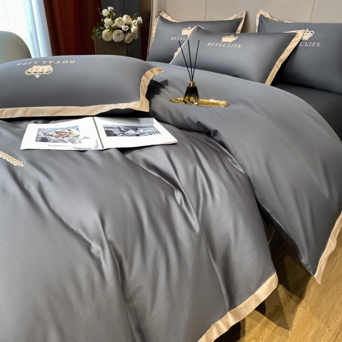 91家纺网 家纺一手货源 找家纺 安妮家居 2021新款皇冠120s长绒棉四件套 绅士灰