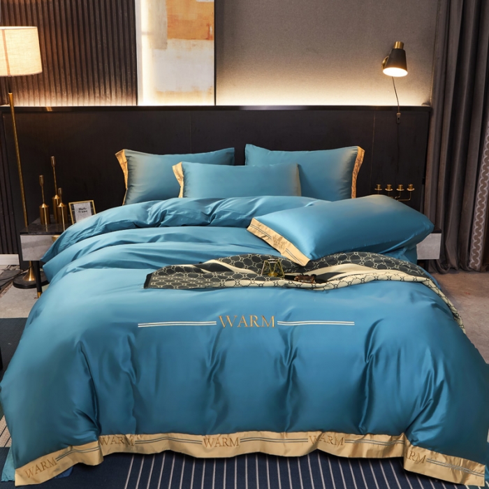 91家纺网 家纺一手货源 找家纺 芊寻家居 2024新款100支长绒棉典雅系列四件套 冰川蓝