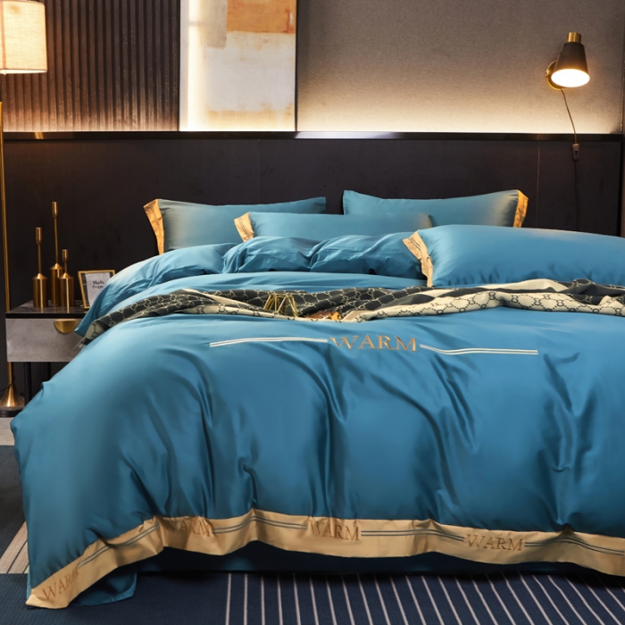 91家纺网 家纺一手货源 找家纺 芊寻家居 2024新款100支长绒棉典雅系列四件套 冰川蓝