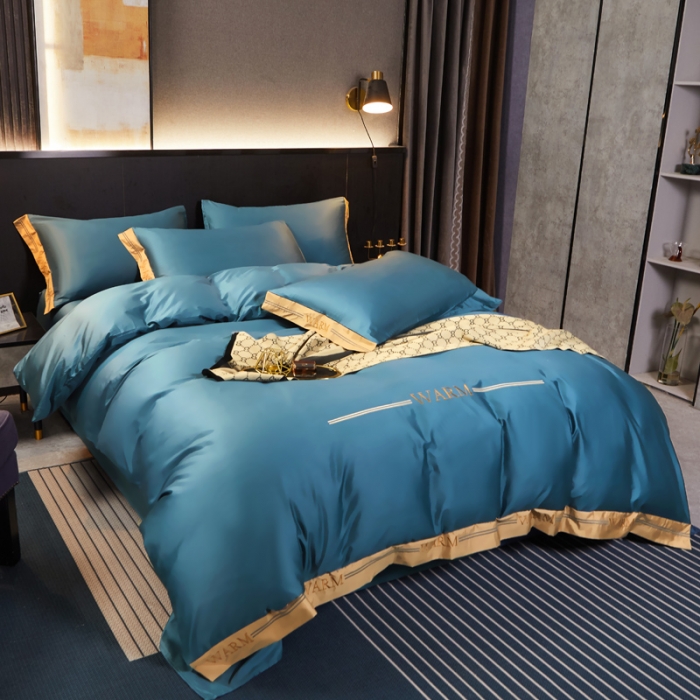 91家纺网 家纺一手货源 找家纺 芊寻家居 2024新款100支长绒棉典雅系列四件套 冰川蓝