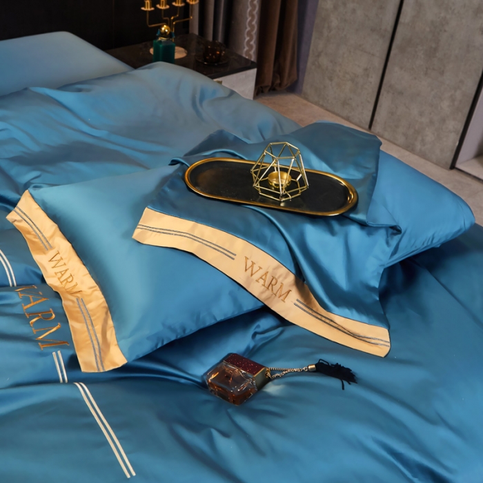 91家纺网 家纺一手货源 找家纺 芊寻家居 2024新款100支长绒棉典雅系列四件套 冰川蓝