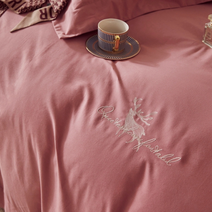 91家纺网 家纺一手货源 找家纺 威克凯丽2021新款秋冬绣花3221磨毛四件套奥兰多-红豆沙