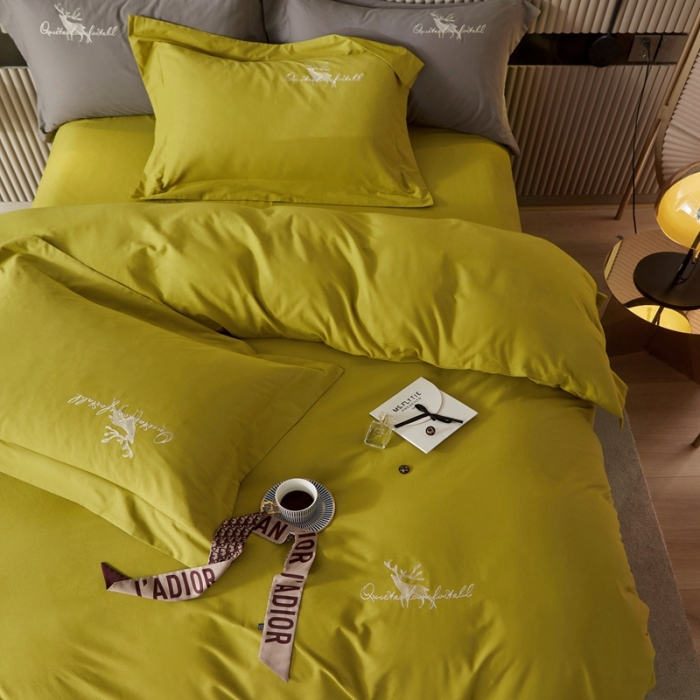 91家纺网 家纺一手货源 找家纺 威克凯丽2021新款秋冬绣花3221磨毛四件套奥兰多-芥末黄