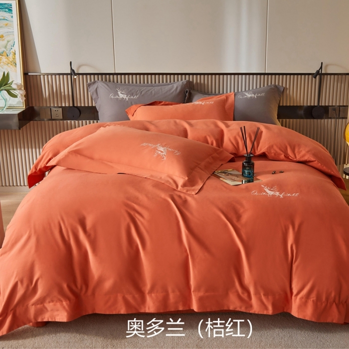 91家纺网 家纺一手货源 找家纺 威克凯丽2021新款秋冬绣花3221磨毛四件套奥兰多-桔红