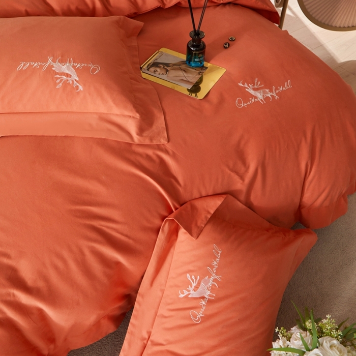 91家纺网 家纺一手货源 找家纺 威克凯丽2021新款秋冬绣花3221磨毛四件套奥兰多-桔红