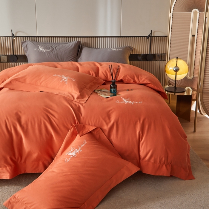 91家纺网 家纺一手货源 找家纺 威克凯丽2021新款秋冬绣花3221磨毛四件套奥兰多-桔红