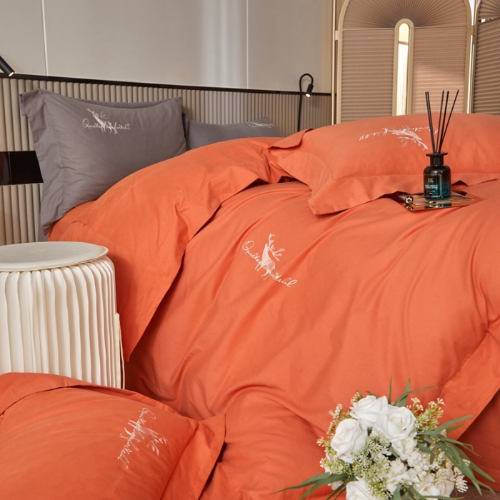 91家纺网 家纺一手货源 找家纺 威克凯丽2021新款秋冬绣花3221磨毛四件套奥兰多-桔红