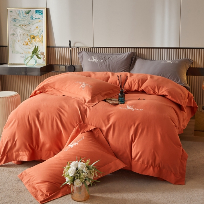 91家纺网 家纺一手货源 找家纺 威克凯丽2021新款秋冬绣花3221磨毛四件套奥兰多-桔红