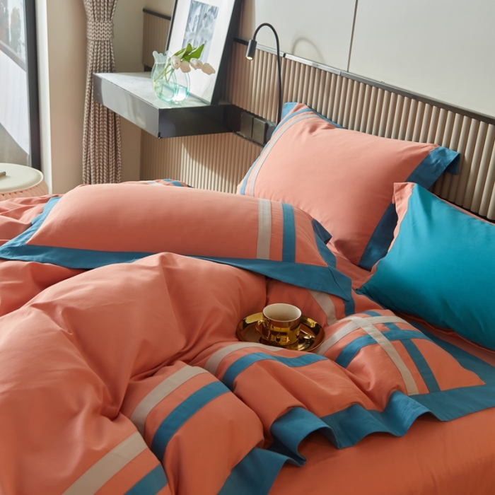 91家纺网 家纺一手货源 找家纺 威克凯丽 秋冬拼接4032磨毛四件套 美丽心语-活力橙