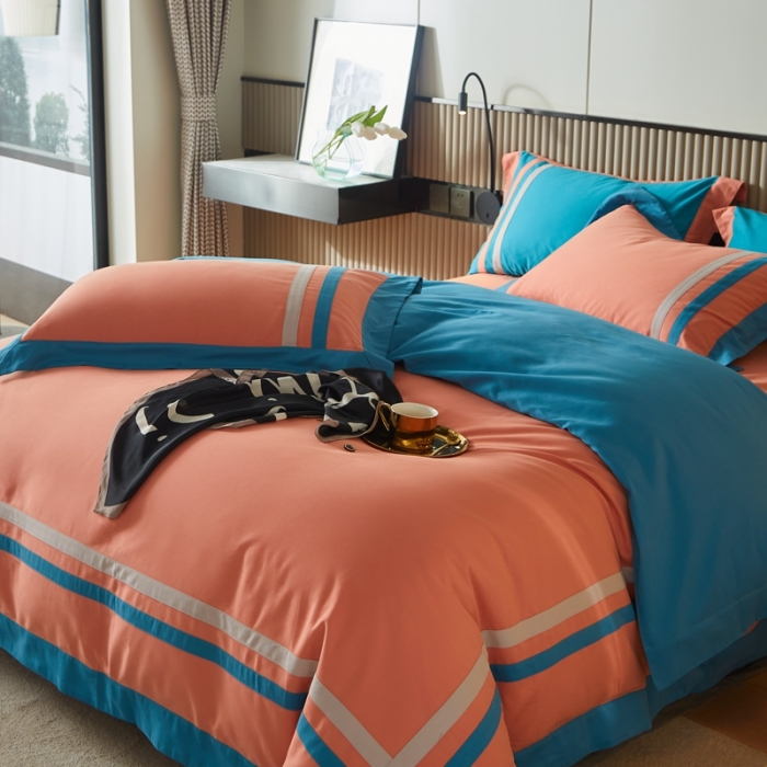 91家纺网 家纺一手货源 找家纺 威克凯丽 秋冬拼接4032磨毛四件套 美丽心语-活力橙