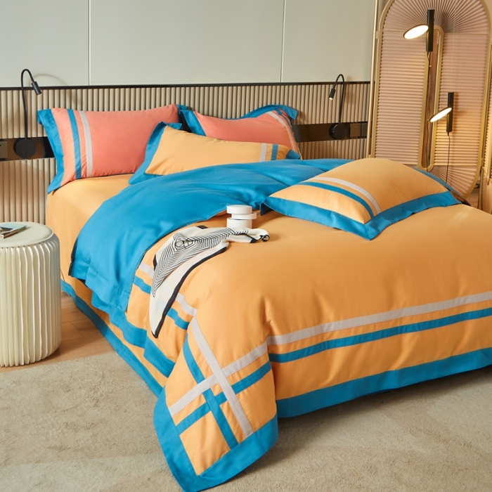 91家纺网 家纺一手货源 找家纺 威克凯丽 秋冬拼接4032磨毛四件套 美丽心语-柠檬黄