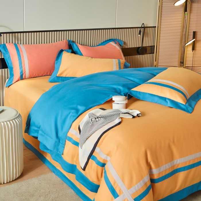 91家纺网 家纺一手货源 找家纺 威克凯丽 秋冬拼接4032磨毛四件套 美丽心语-柠檬黄