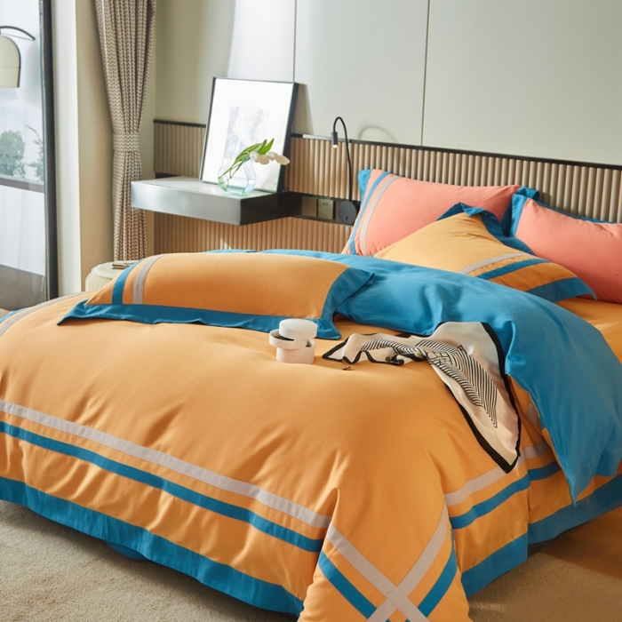 91家纺网 家纺一手货源 找家纺 威克凯丽 秋冬拼接4032磨毛四件套 美丽心语-柠檬黄