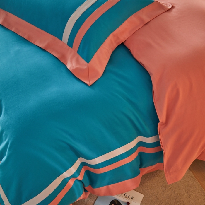 91家纺网 家纺一手货源 找家纺 威克凯丽 秋冬拼接4032磨毛四件套 美丽心语-月光蓝