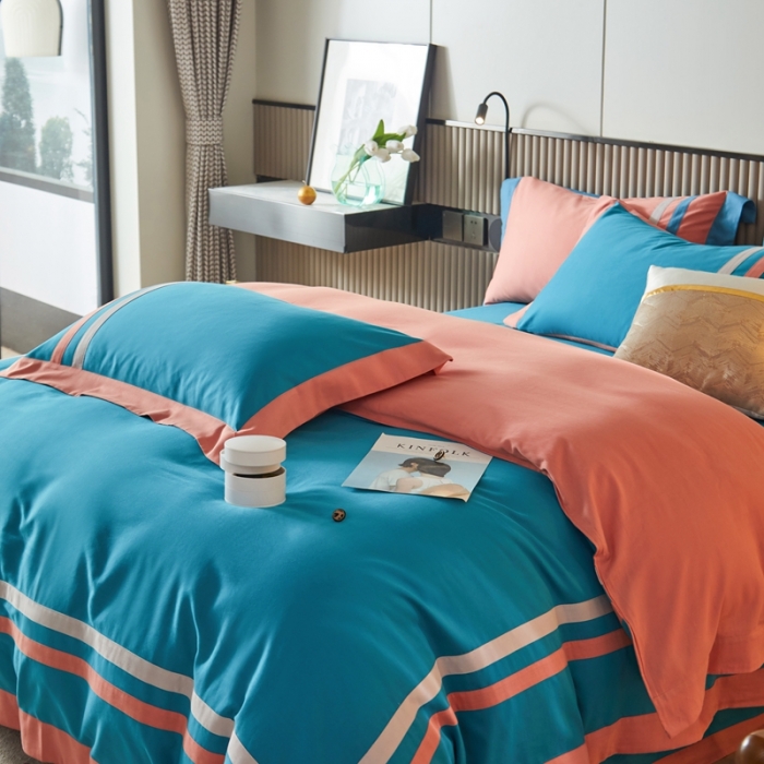 91家纺网 家纺一手货源 找家纺 威克凯丽 秋冬拼接4032磨毛四件套 美丽心语-月光蓝