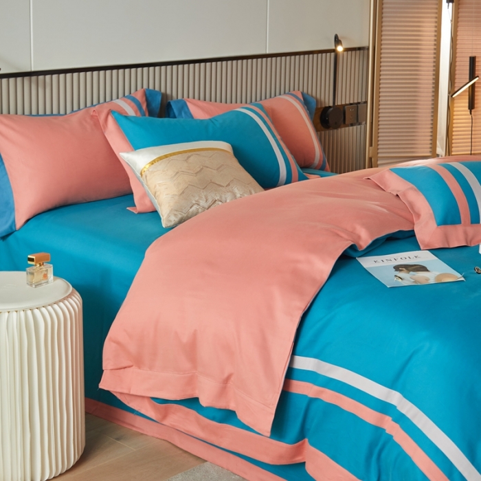 91家纺网 家纺一手货源 找家纺 威克凯丽 秋冬拼接4032磨毛四件套 美丽心语-月光蓝