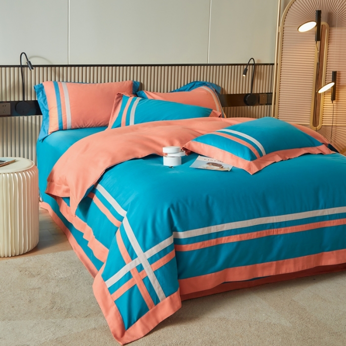 91家纺网 家纺一手货源 找家纺 威克凯丽 秋冬拼接4032磨毛四件套 美丽心语-月光蓝