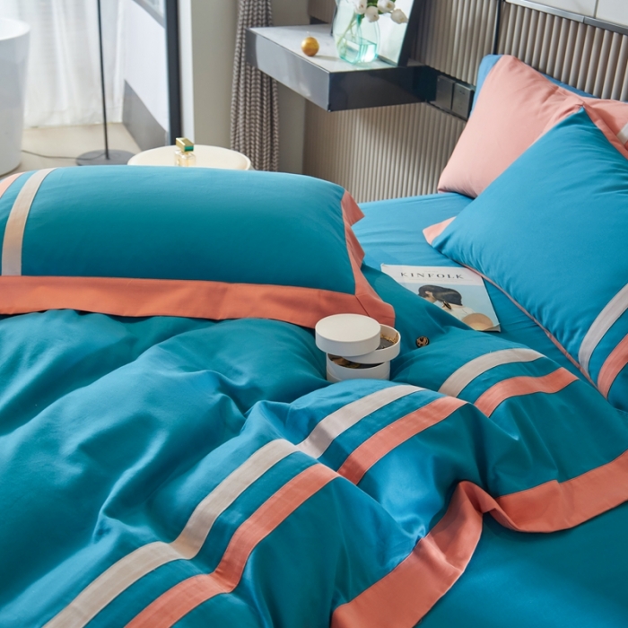 91家纺网 家纺一手货源 找家纺 威克凯丽 秋冬拼接4032磨毛四件套 美丽心语-月光蓝