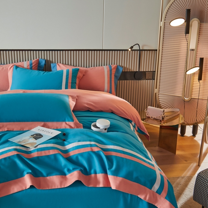 91家纺网 家纺一手货源 找家纺 威克凯丽 秋冬拼接4032磨毛四件套 美丽心语-月光蓝