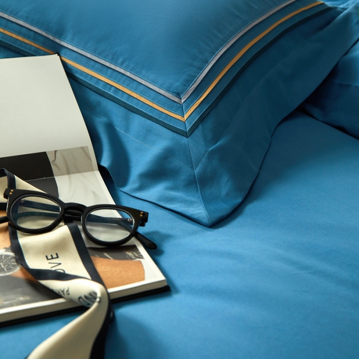 91家纺网 家纺一手货源 找家纺 威克凯丽 秋冬60拼接磨毛四件套 花栖寻梦-宝石蓝