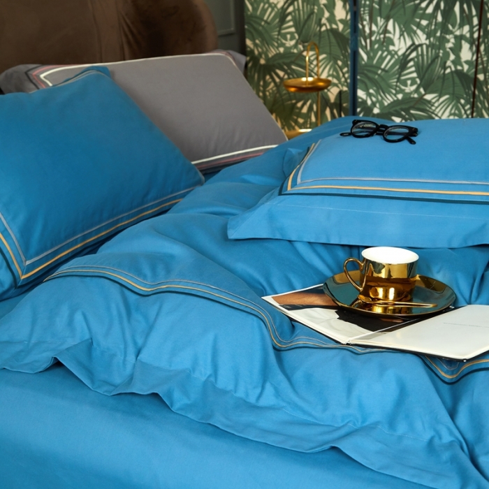 91家纺网 家纺一手货源 找家纺 威克凯丽 秋冬60拼接磨毛四件套 花栖寻梦-宝石蓝