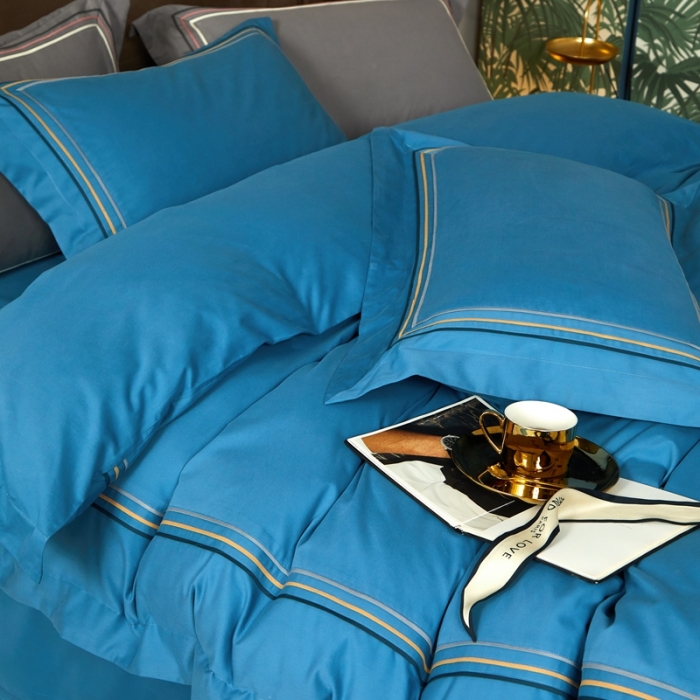 91家纺网 家纺一手货源 找家纺 威克凯丽 秋冬60拼接磨毛四件套 花栖寻梦-宝石蓝