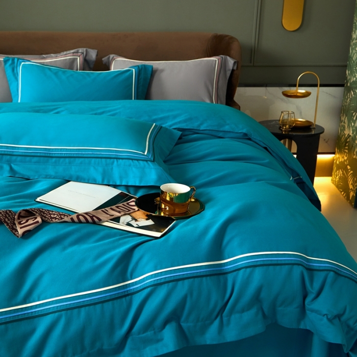 91家纺网 家纺一手货源 找家纺 威克凯丽 秋冬60拼接磨毛四件套 花栖寻梦-湖兰