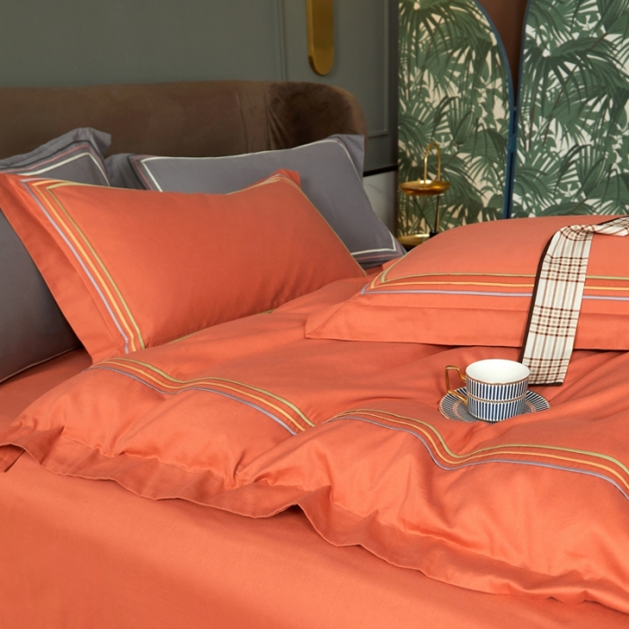 91家纺网 家纺一手货源 找家纺 威克凯丽 秋冬60拼接磨毛四件套 花栖寻梦-活力橙