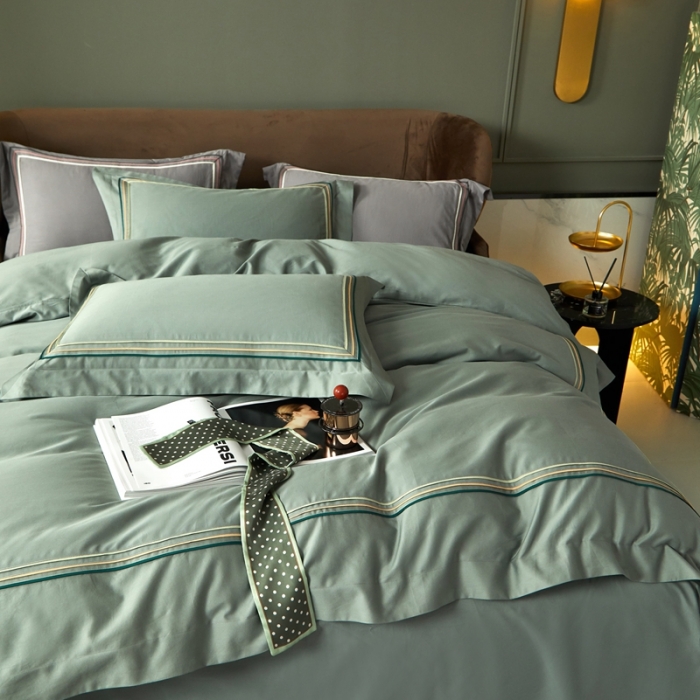 91家纺网 家纺一手货源 找家纺 威克凯丽 秋冬60拼接磨毛四件套 花栖寻梦-清水绿