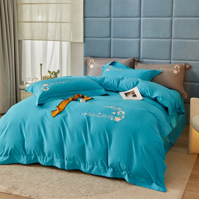 91家纺网 家纺一手货源 找家纺 威克凯丽秋冬绣花3221磨毛四件套布鲁斯系列布鲁斯-湖蓝