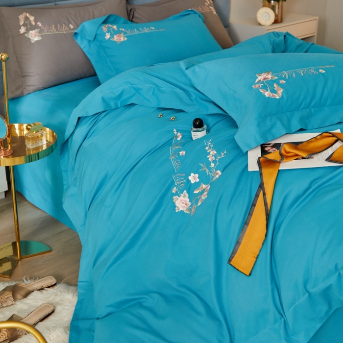 91家纺网 家纺一手货源 找家纺 威克凯丽秋冬绣花3221磨毛四件套布鲁斯系列布鲁斯-湖蓝