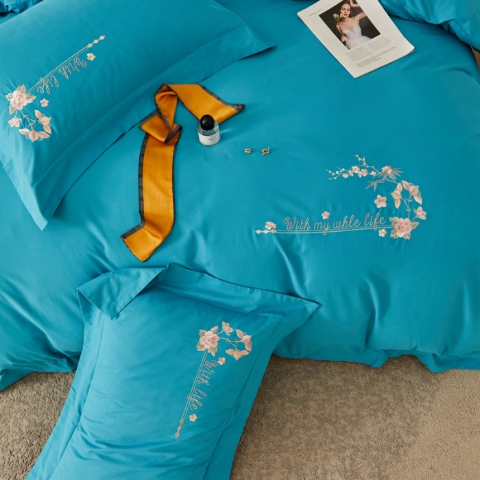 91家纺网 家纺一手货源 找家纺 威克凯丽秋冬绣花3221磨毛四件套布鲁斯系列布鲁斯-湖蓝