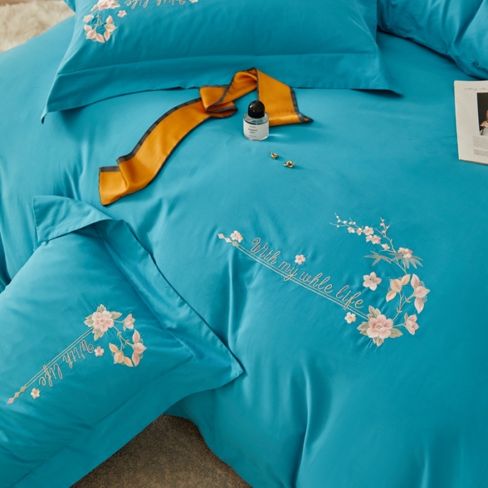 91家纺网 家纺一手货源 找家纺 威克凯丽秋冬绣花3221磨毛四件套布鲁斯系列布鲁斯-湖蓝