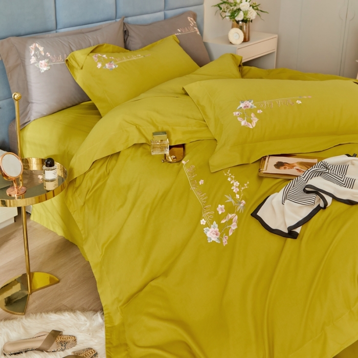 91家纺网 家纺一手货源 找家纺 威克凯丽秋冬绣花3221磨毛四件套布鲁斯系列布鲁斯-杏黄