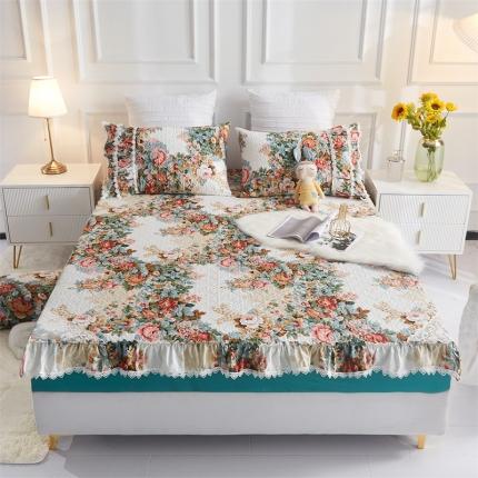 91家纺网 家纺一手货源 找家纺 菊上家纺 2021新款小清新花边床笠款天香绿