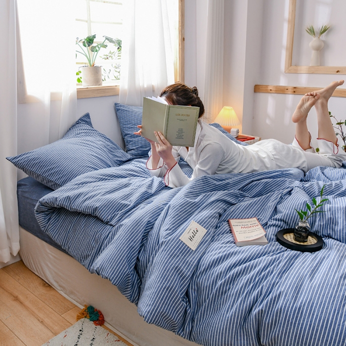 91家纺网 家纺一手货源 找家纺 恋人优选 2023新款纯棉水洗单被套蓝白条