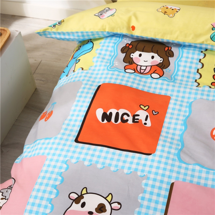 91家纺网 家纺一手货源 找家纺 孩子王家纺 全棉13372小版卡通幼儿园多件套 格子女孩