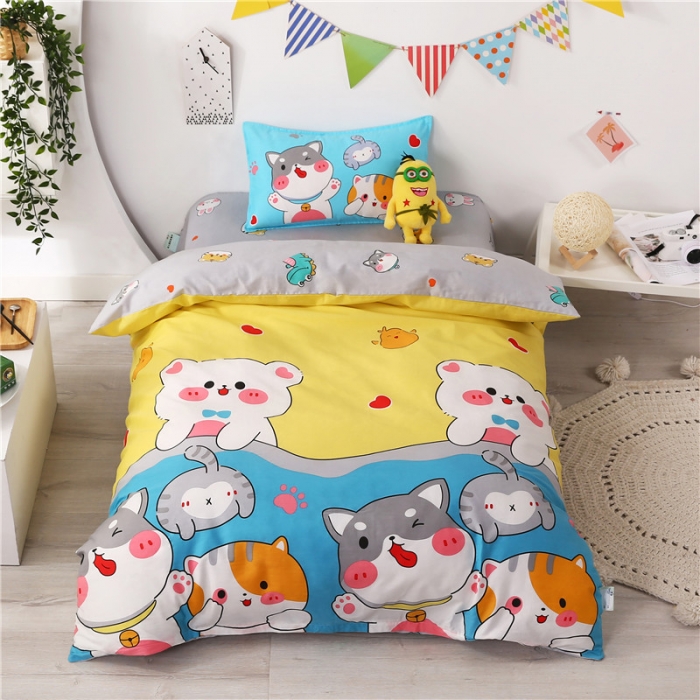 91家纺网 家纺一手货源 找家纺 孩子王家纺 全棉13372小版卡通幼儿园多件套 可爱猫咪