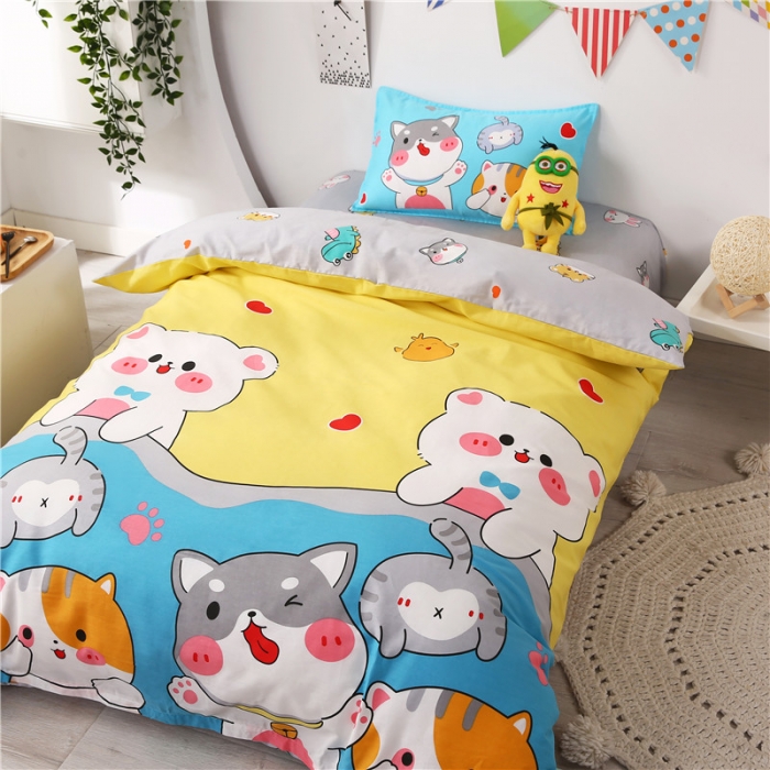 91家纺网 家纺一手货源 找家纺 孩子王家纺 全棉13372小版卡通幼儿园多件套 可爱猫咪