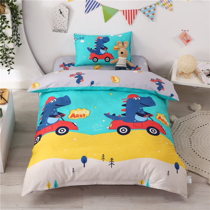 91家纺网 家纺一手货源 找家纺 孩子王家纺 全棉13372小版卡通幼儿园多件套 恐龙汽车