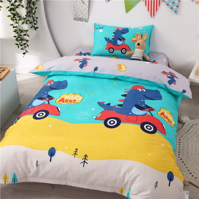 91家纺网 家纺一手货源 找家纺 孩子王家纺 全棉13372小版卡通幼儿园多件套 恐龙汽车