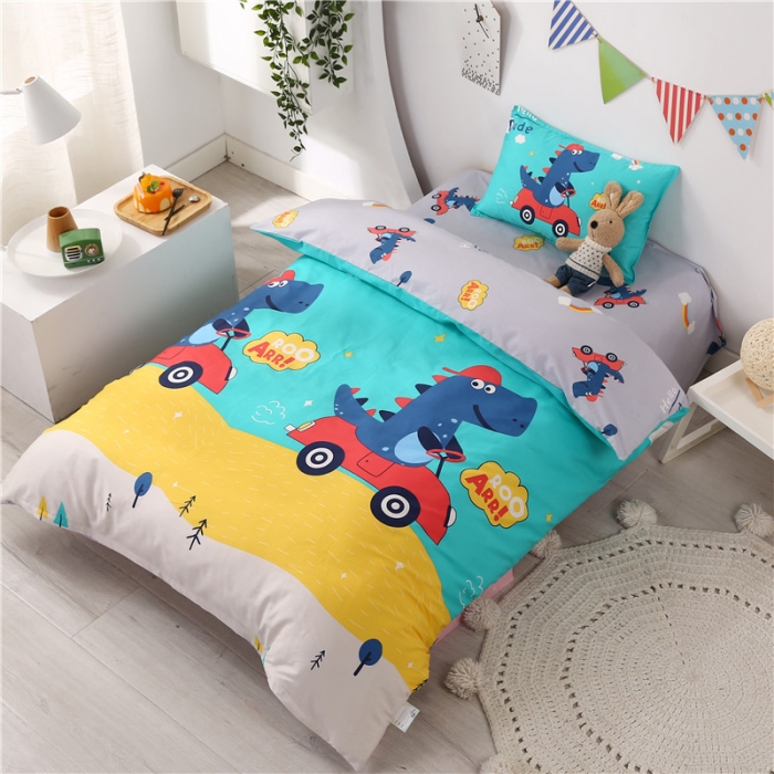 91家纺网 家纺一手货源 找家纺 孩子王家纺 全棉13372小版卡通幼儿园多件套 恐龙汽车