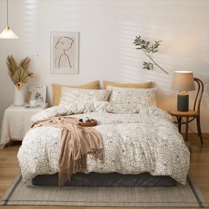 91家纺网 家纺一手货源 找家纺 原研家居 2021新款kinfolk原研针织棉印花四件套 猫咪米