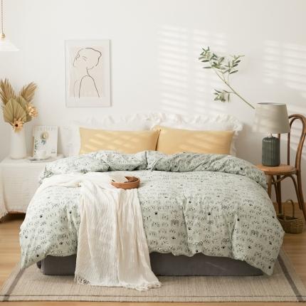 原研家居 新款kinfolk原研针织棉印花单被套 猫咪绿