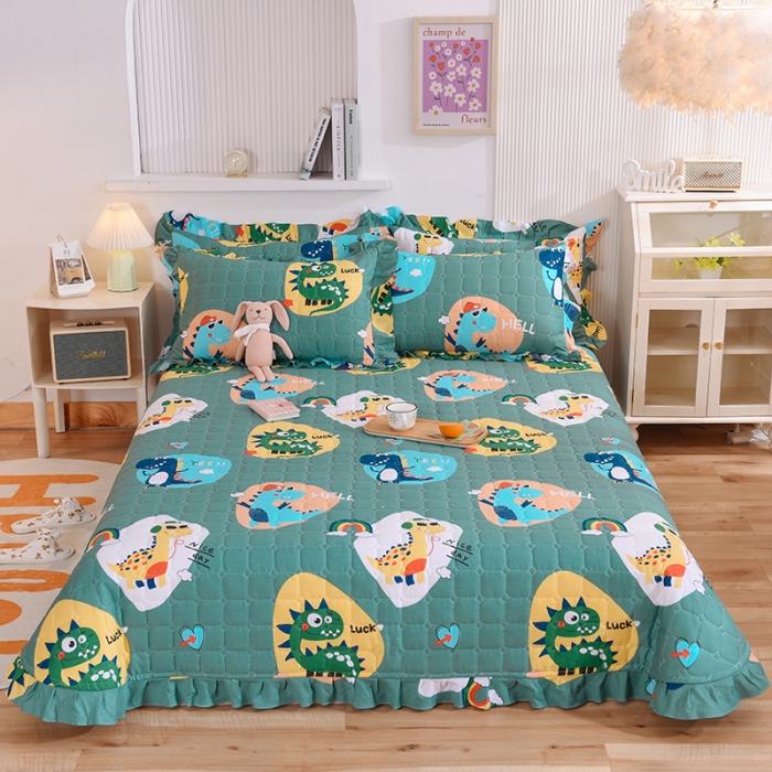 91家纺网 家纺一手货源 找家纺 甜之梦家纺 2025新款全棉夹棉防滑抗菌花边款床盖 恐龙派对